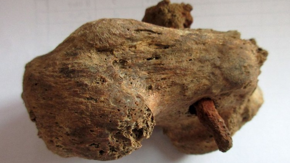 The bone with a nail found in Cambridgeshire. Photo: <a target="_blank" href="https://www.albionarchaeology.co.uk/news/2021/12/8/roman-crucifixion-burial-at-fenstanton-cambridgeshire">Albion Archaeology</a>.,