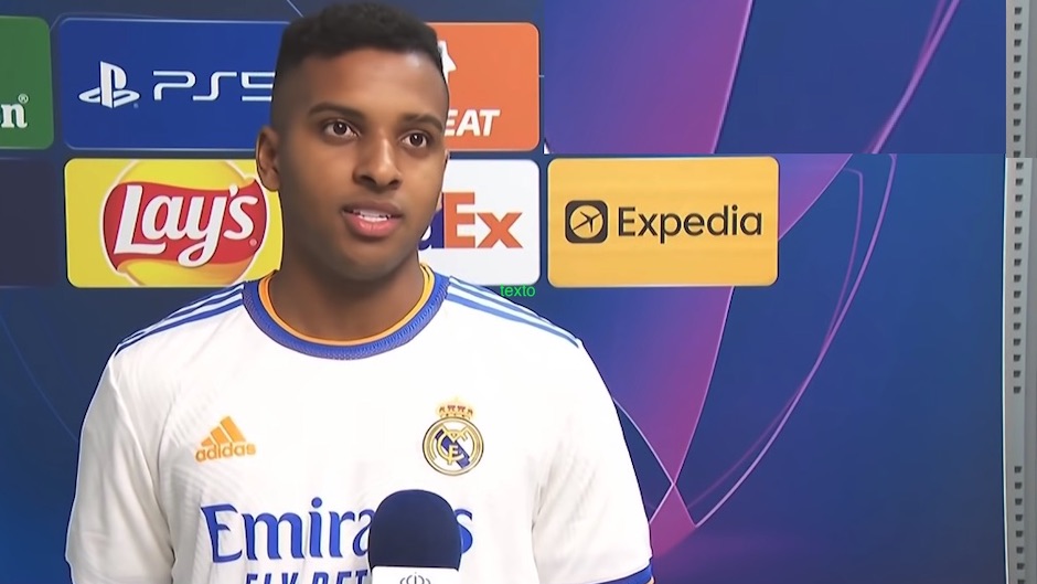 Rodrygo Goes speaks to the media after scoring two goals in the semi-final of the Champions League against Manchester City. / Real Madrid TV,