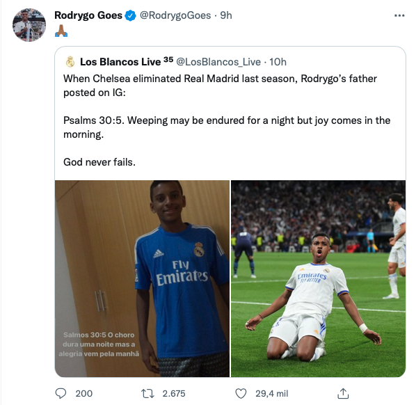 Rodrygo, hero of the Champions League, praises God after victory