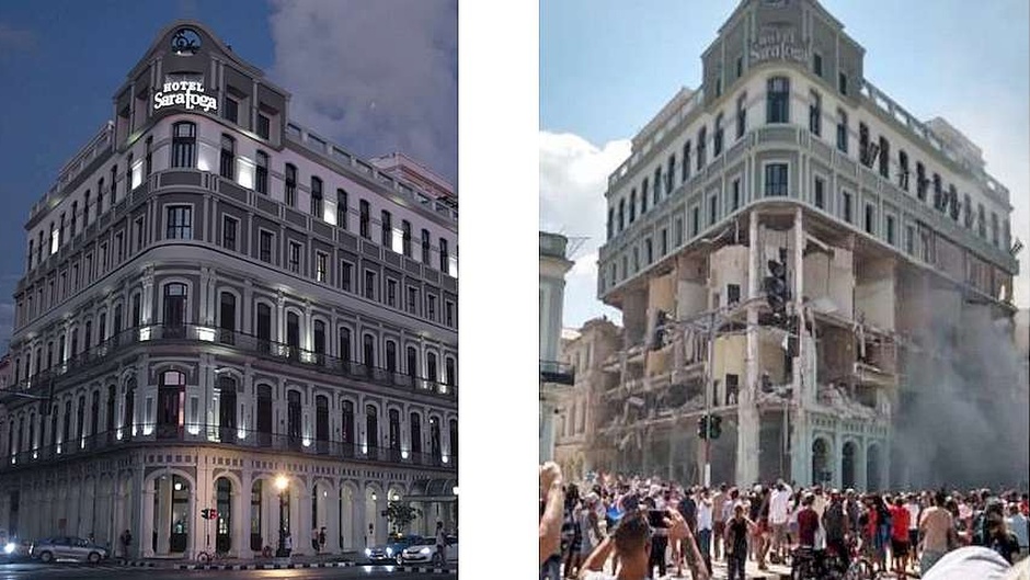 The Saratoga Hotel before and after the explosion. / Images shared on social media via Evangélico Digital <a target="_blank" href="https://www.evangelicodigital.com/">Evangélico Digital</a>.,