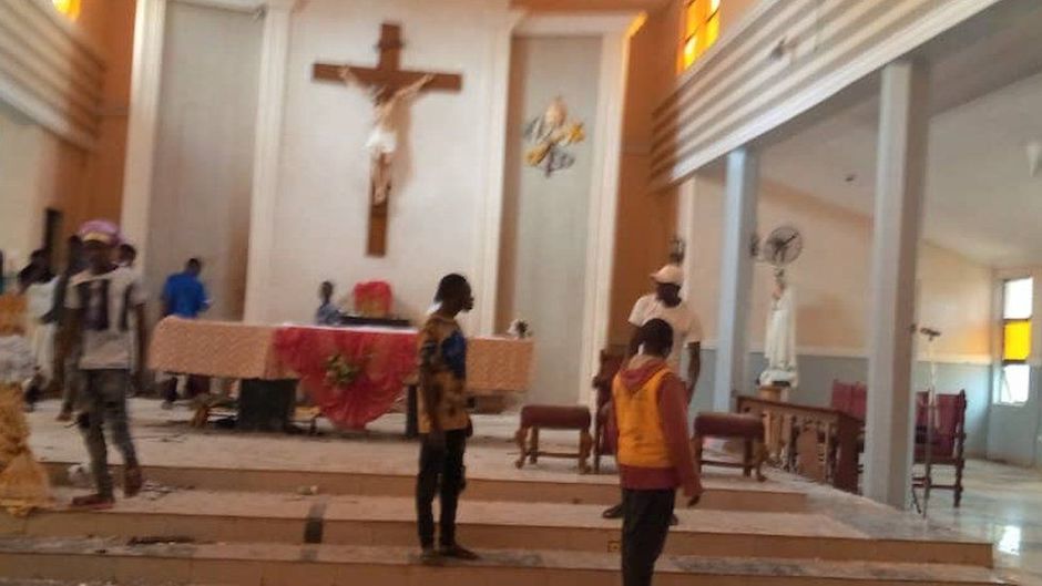 St Francis Xavier Catholic Church in Owo, after the attack on Sunday. / Image via BBC.,