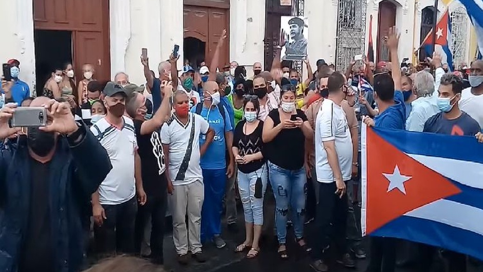Pro-Cuban government protesters in Cienfuegos, Cuba, on July 11, 2021.,