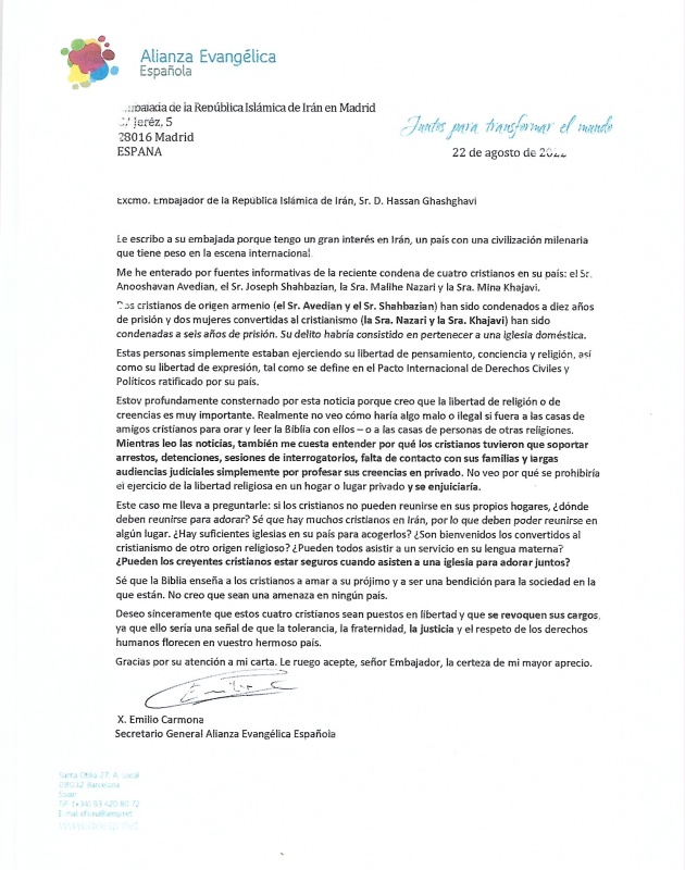 Spain: a letter to the Iranian ambassador about the case of four sentenced Christians
