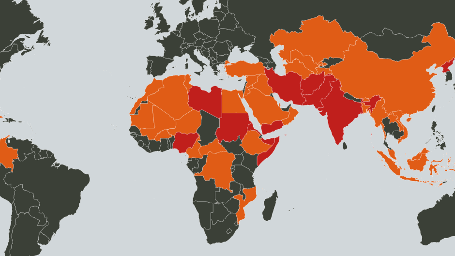 Countries with extreme or very high persecution of Christians are represented in red and orange, in the Word Watch List 2023. / Photo: <a target="_blank" href="https://opendoorsuk.org/">Open Doors UK and Ireland</a>.,
