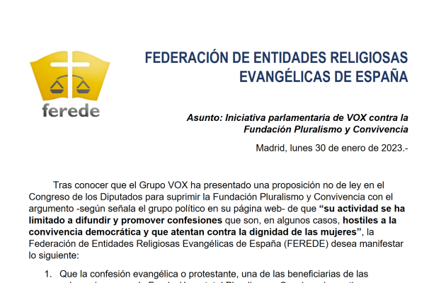 Hard right party in Spain says subsidies for faith minorities should go