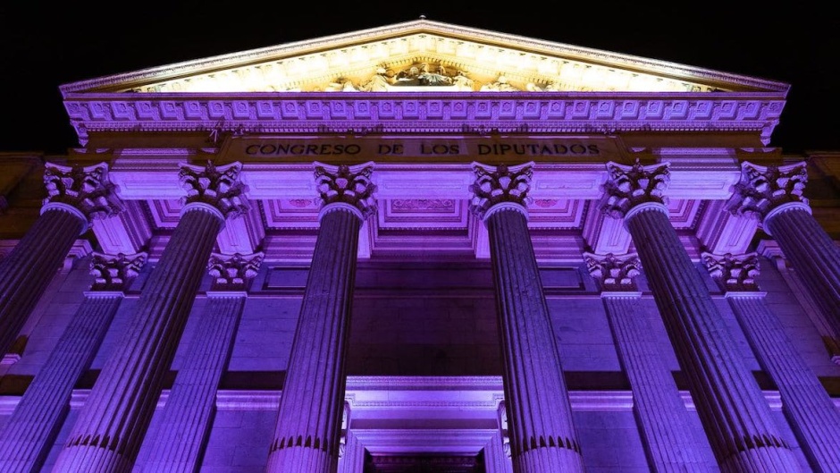 The Spanish Congress of Deputies, in Madrid, on 8 March, illuminated to celebrate the International Women's Day. ,