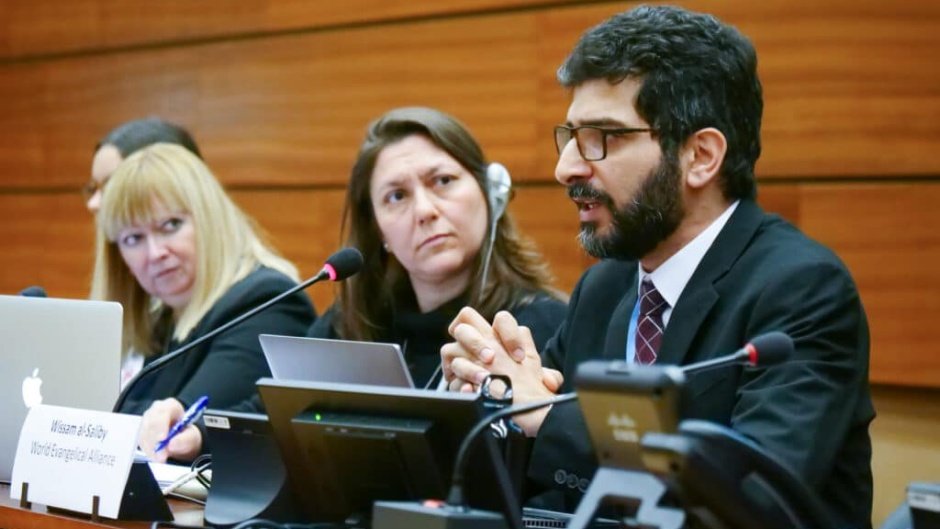 Wissam al-Saliby, Director of WEA’s Office in Geneva, speaking at 52nd session of the UN Human Rights Council. / Photo: Ivars Kupcis, WCC..,