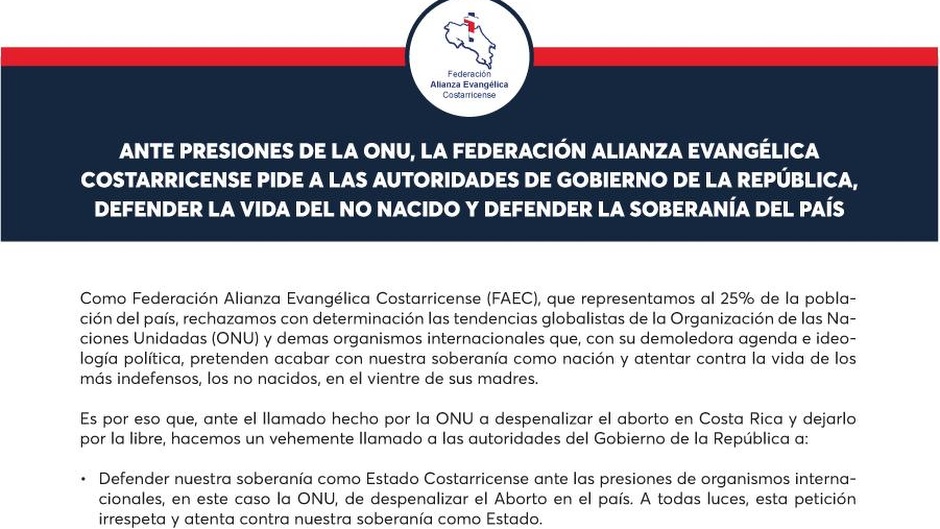 Costa Rican Evangelical Alliance Federation statement.,