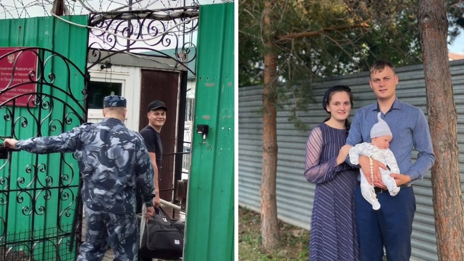Pictures of Vyacheslav Reznichenko entering the prison colony, and with his wife and child, shared on Telegram. / Photos: <a target="_blank" href="https://t.me/primeryspoleiblagovestia">Примеры с полей Благовестия</a>.,