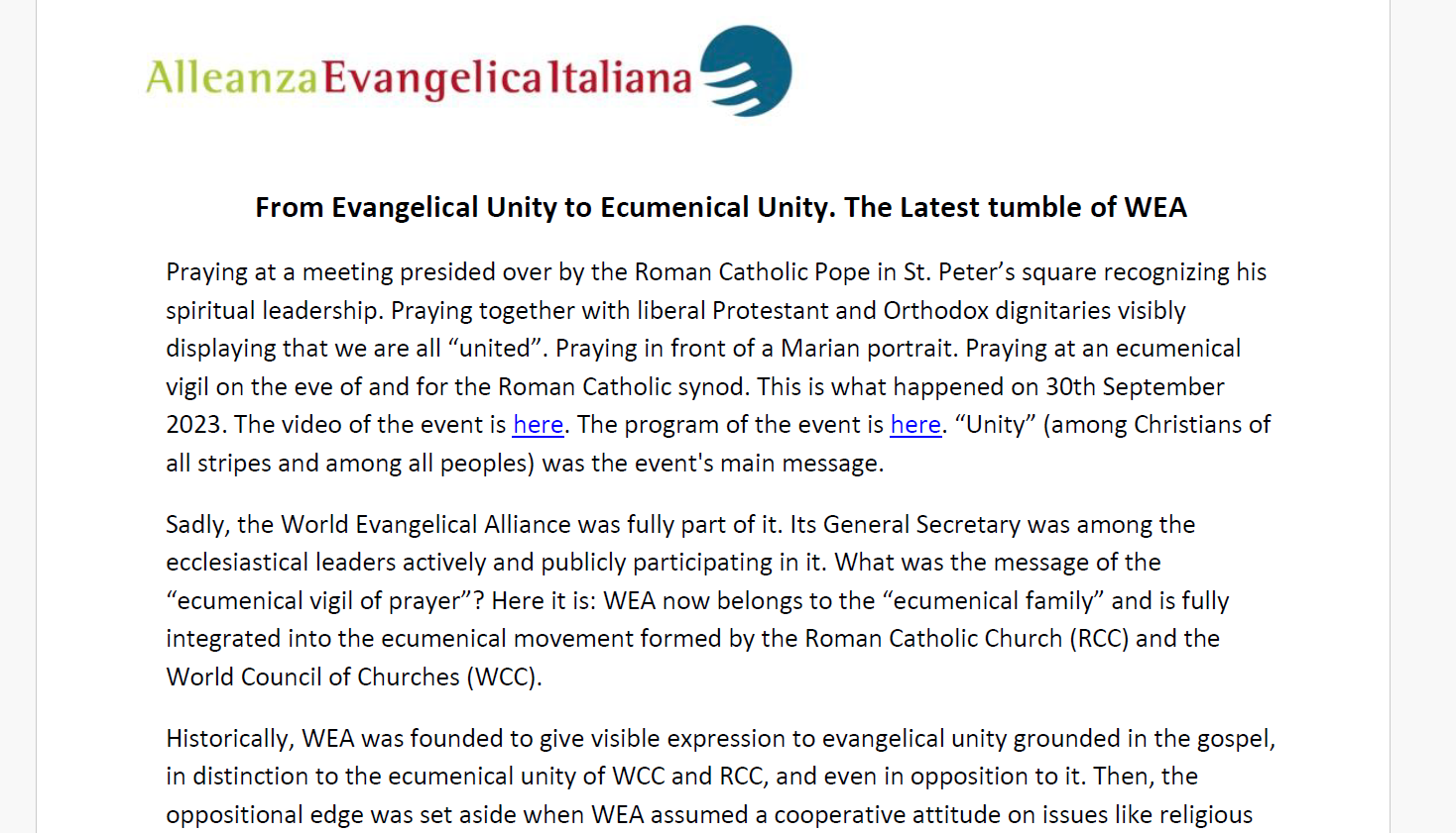 Italian evangelicals “confused and disappointed” by WEA leader’s participation in Vatican ecumenical prayers before Roman Catholic synod