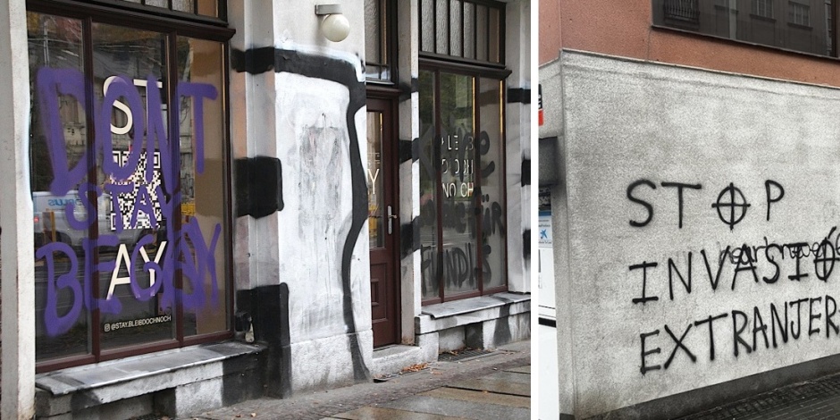 Left, the Stay Cafe vandalised in Leipzig (Germany). Right, the Dignidad NGO targeted in Ferrol (Spain). / Photos: Indymedia and enfoques.gal.,