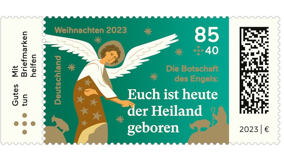 The Christmas postal stamp of the German Postal Service. / Photo: <a target="_blank" href="https://www.bundesfinanzministerium.de/Content/DE/Pressemitteilungen/Briefmarken/2023/2023-11-17-sonderbriefmarke-weihnachten-botschaft-des-engels.html">Finance Ministry of Germany</a>. ,
