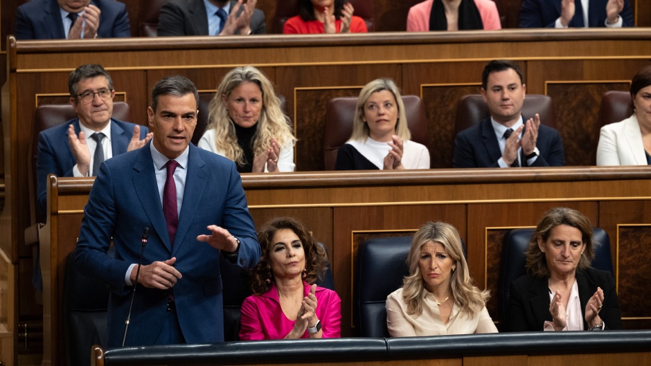 Spain's Prime Minister Pedro Sánchez, speaking at the national parliament in Madrid, April 2024. / Photo: <a target="_blank" href="https://www.flickr.com/photos/gpscongreso/">Grupo Parlamentario Socialista</a>.,