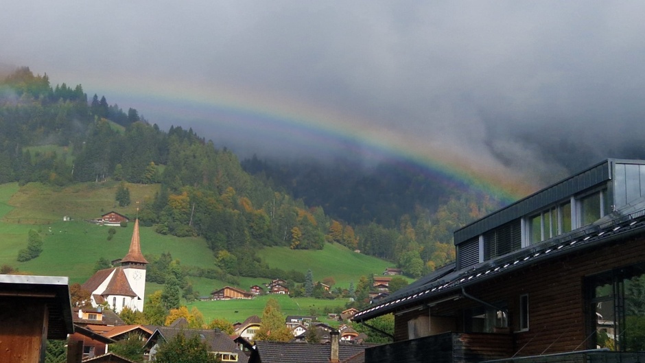 A rainbow over Frutigen, in Switzerland. ,