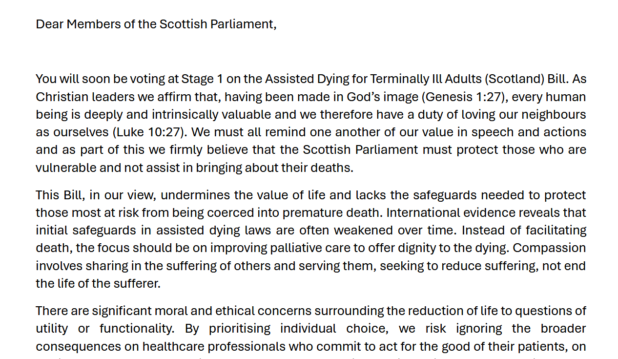 A “fundamental ethical shift” in Scotland: dozens of church leaders sign letter against assisted dying bill