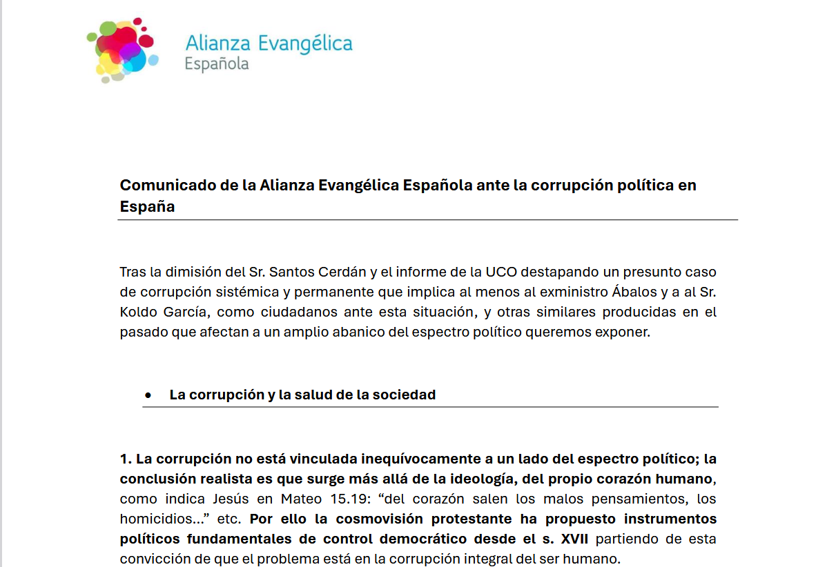 The Spanish Evangelical Alliance calls for ethical restoration in public life in the face of corruption scandals