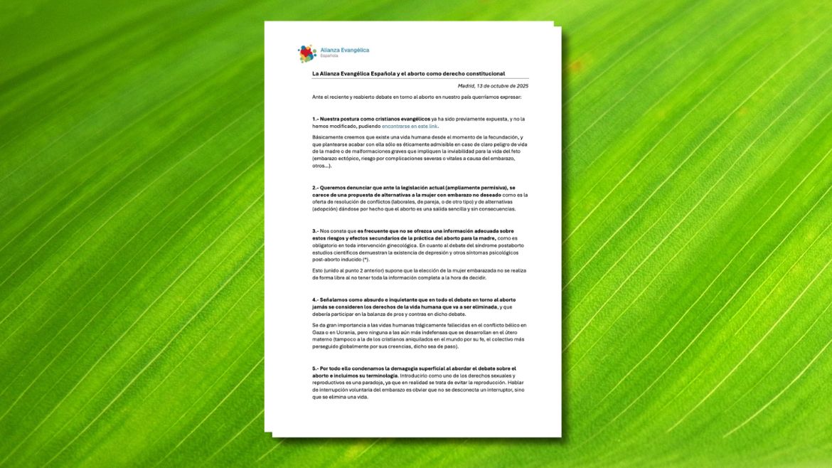 The Spanish Evangelical Alliance statement on abortion, 13 October 2025. ,