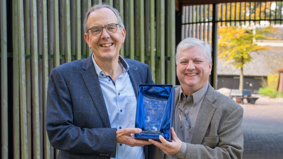 Celebrating 60 years of ministry and our partnership (from left to right: Hubrecht Smits, TWR Netherlands Director; Steve Hippe, TWR’s COO). / Photo: TWR Netherlands.