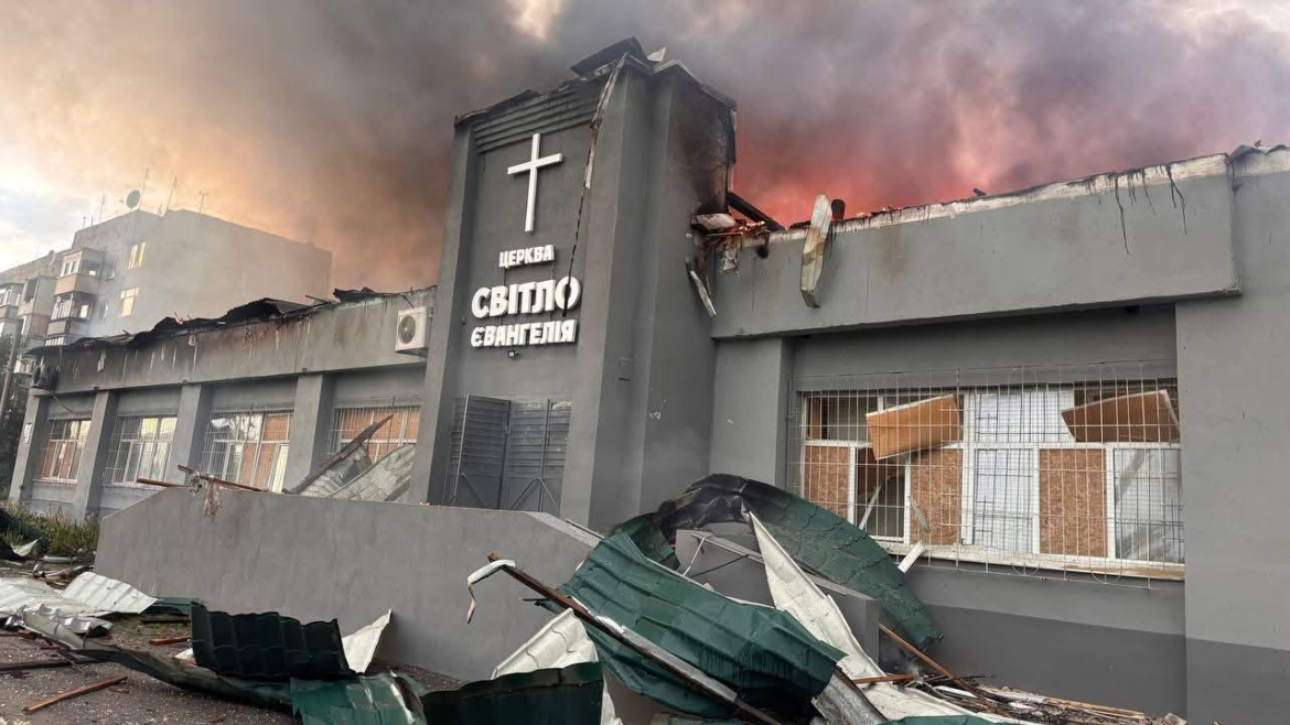 The building of Світло Євангелії (in English, ‘Light of the Gospel’) in Balakliya, Kharkiv, following the Russian attack on Saturday 23 May 2026. / Photo: <a target="_blank" href="https://lightofthegospel.org.ua">Light Of The Gospel Ukraine</a>.,