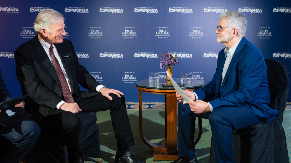 Franklin Graham, interviewed by Pedro Tarquis in Madrid, 29 May 2026. / Photo: Festival de la Esperanza Madrid.,