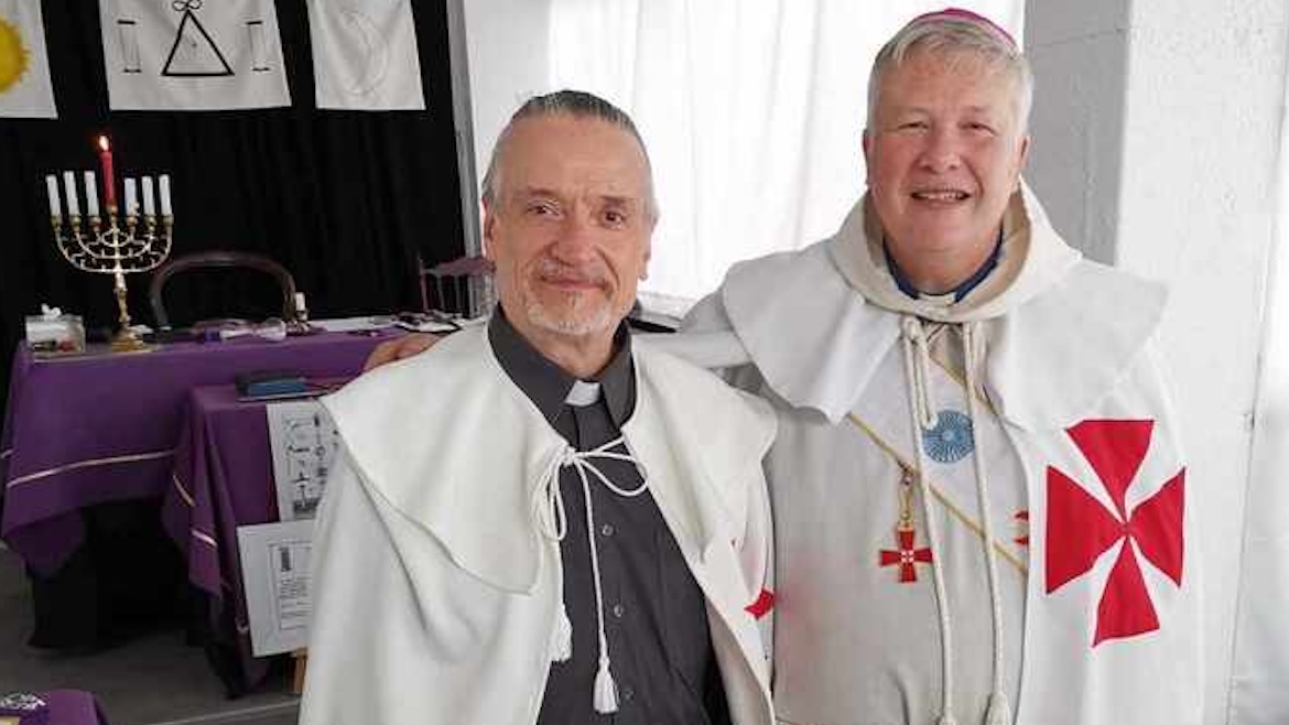 The Reverend Francisco Javier Alonso, a priest of the Spanish Episcopal Reformed Church (IERE) in the city of Vigo, with Alistair Bate, Grand Prior of the Celtic-Temple Order, following a ceremony featuring Masonic and Templar symbolism.,