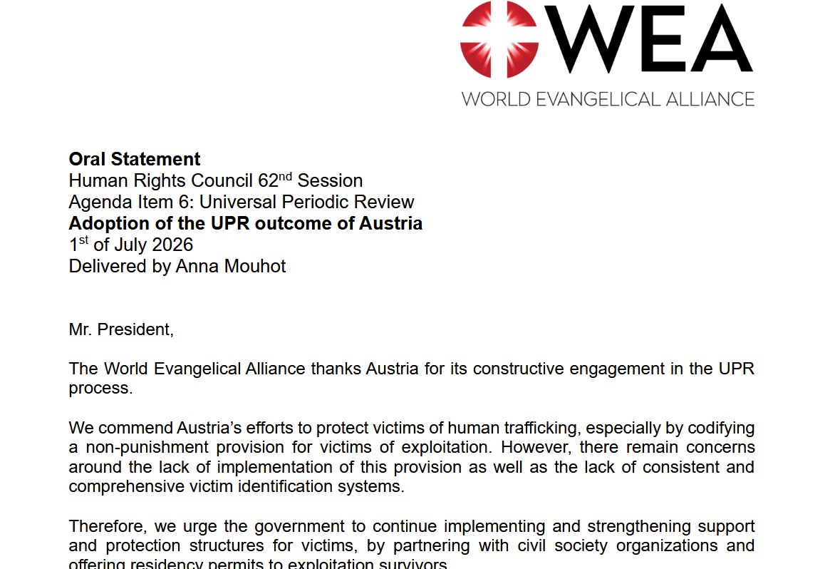 At the UN, evangelicals call on Austria to better protect victims of human trafficking and unborn children with disabilities At the UN, evangelicals call on Austria to better protect victims of human trafficking and unborn children with disabilities