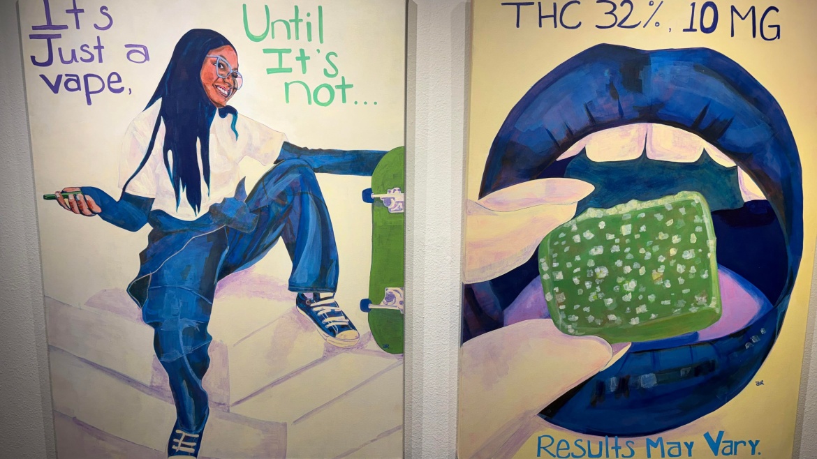 Aisha Brown’s artwork “As Advertised” (2026), part of an exhibit entitled “Hear/Say” and developed by the Colorado School of Public Health’s Colorado Cannabis Education, Research and Policy Project.,